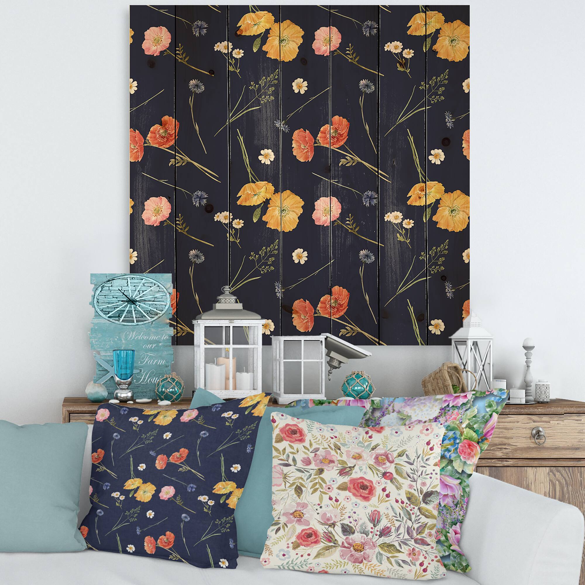 Designart - Orange and Yellow Wild Flowers On Dark Blue